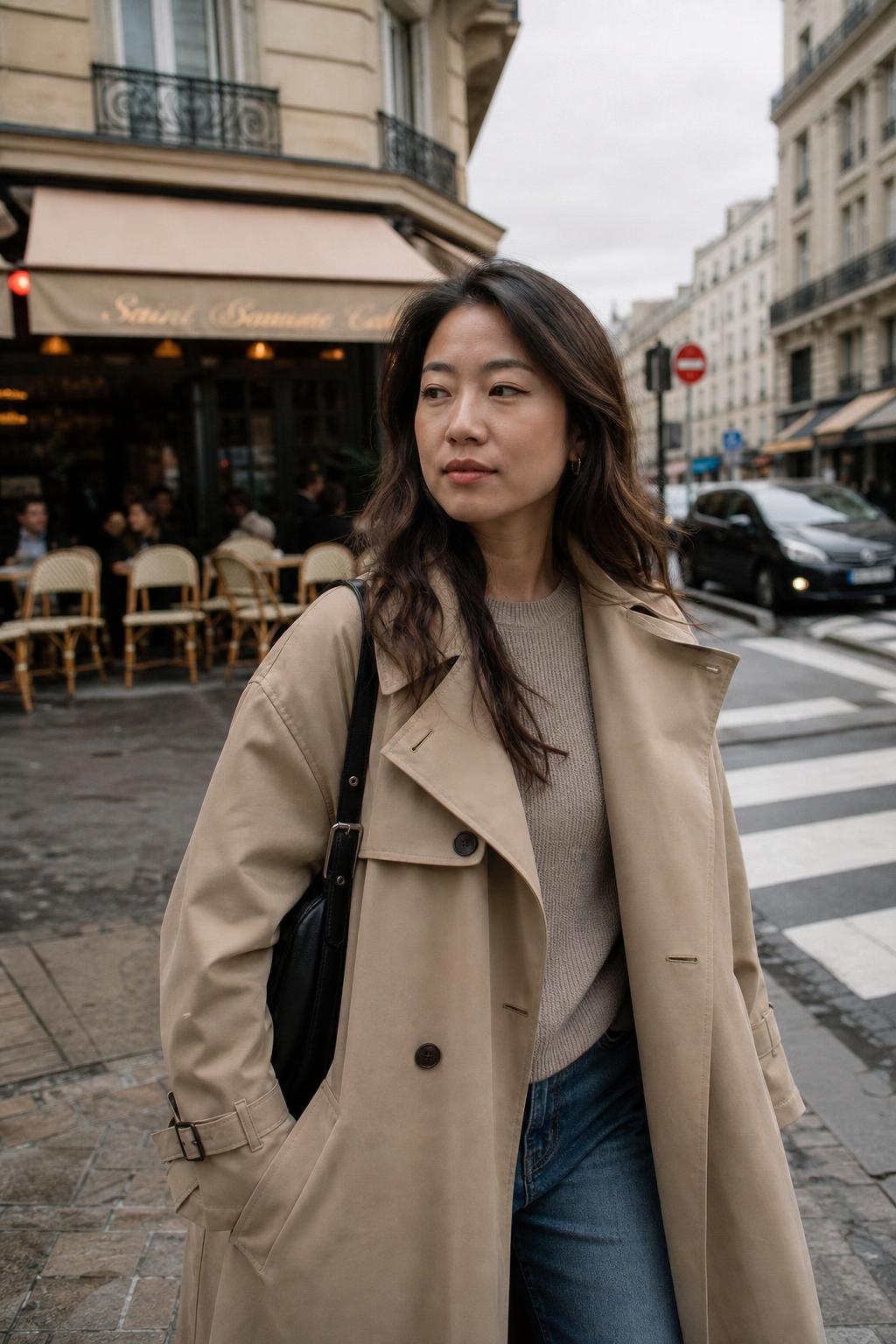 Beige trench coat — Parisian café street